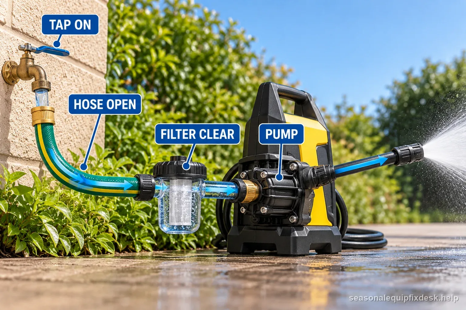 A labeled pressure-washer water path shows the open tap, hose, clear inlet filter, and pump in order before internal pump diagnosis.