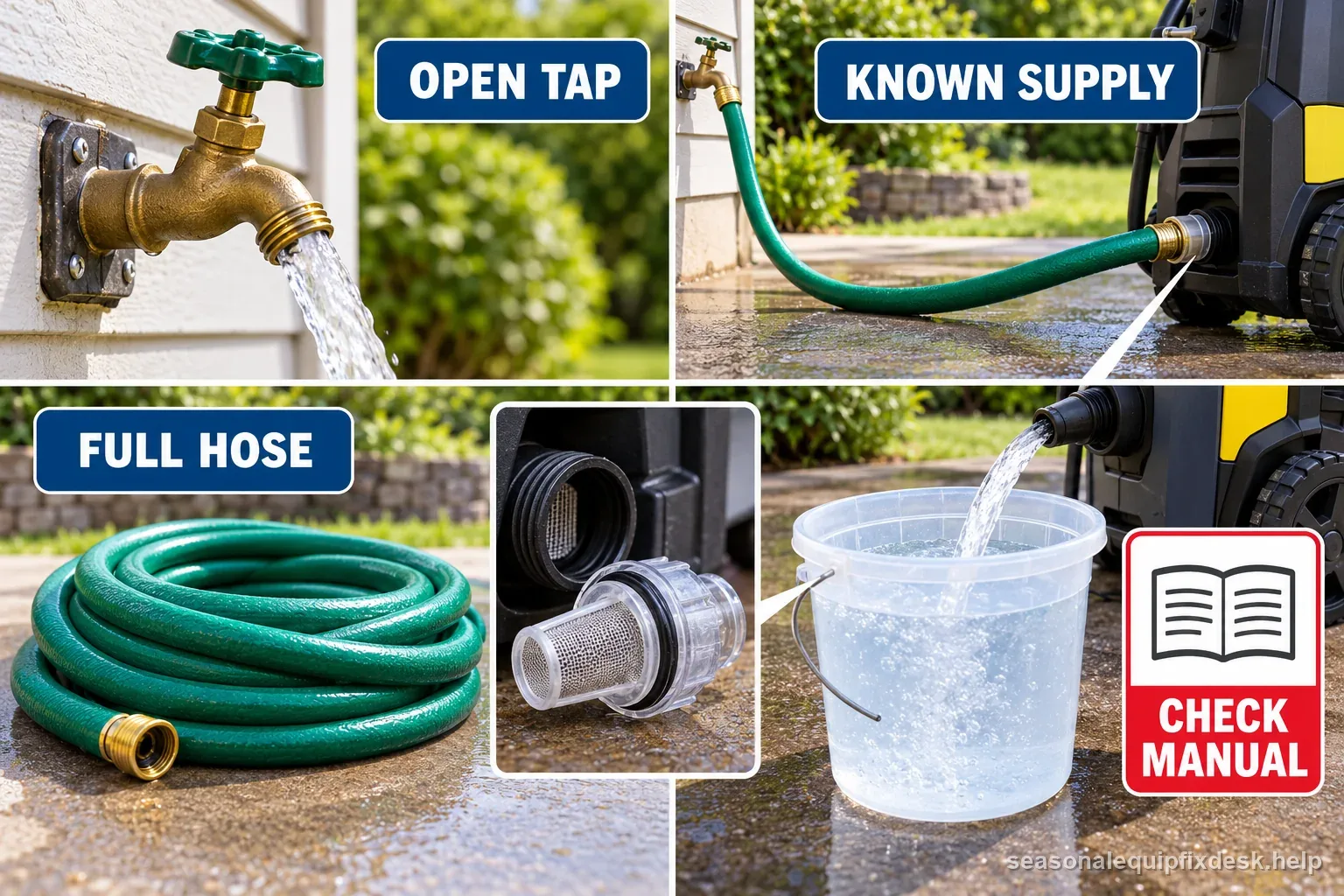 A pressure washer is shown with a fully opened tap, a full supply hose, a clean inlet screen, and water flowing into a bucket before pump troubleshooting.