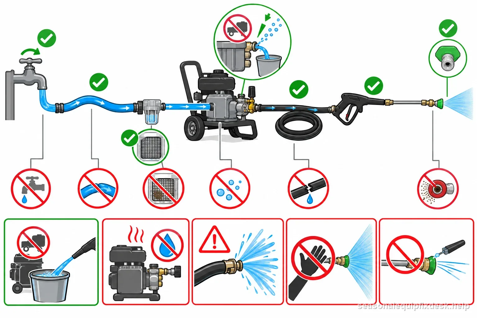 Pressure washer water path from fully open tap through hose, inlet screen, pump, high-pressure hose, gun, and nozzle
