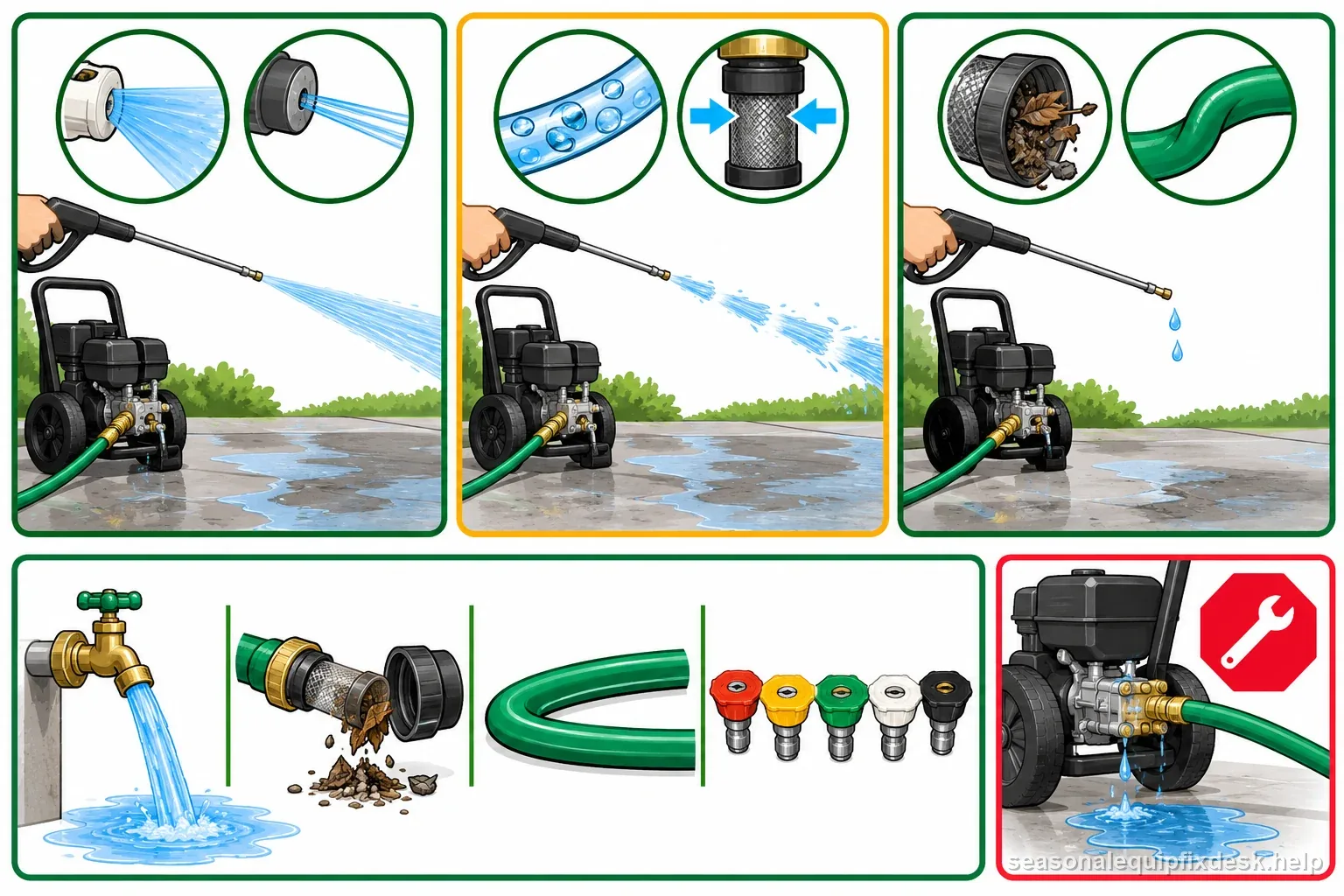 Pressure washer visual comparison of no flow, low steady pressure, and pulsing spray symptoms