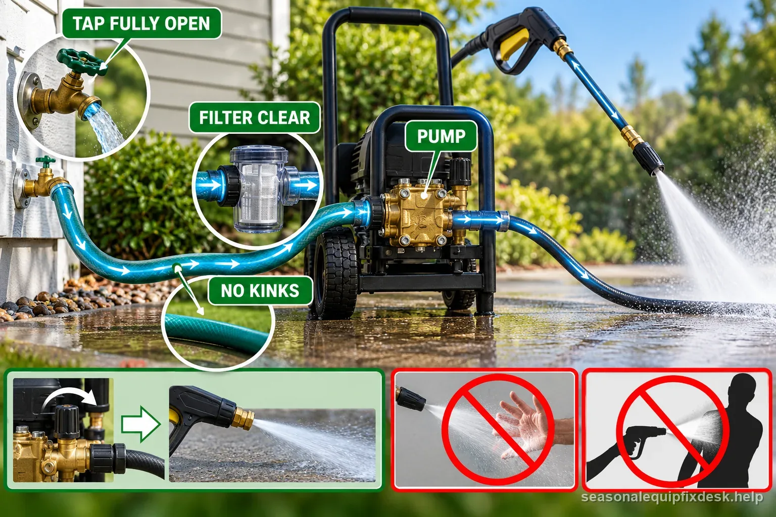 Water-path diagram labels the open tap, clear inlet filter, unkinked hose, and pump when pressure pulses.