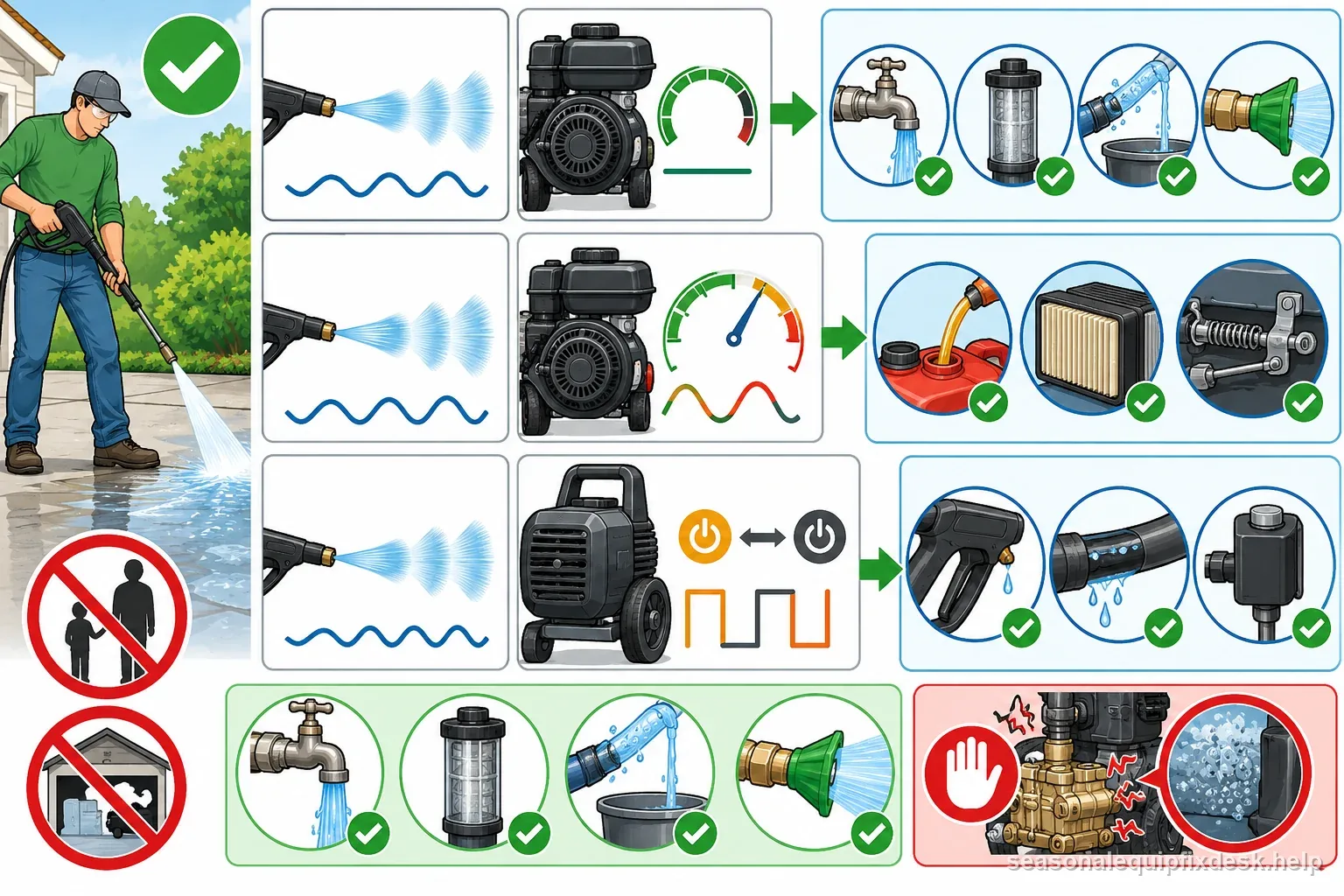 Pressure washer pulse diagram distinguishes spray pressure pulsing from gas engine speed changes and electric motor cycling