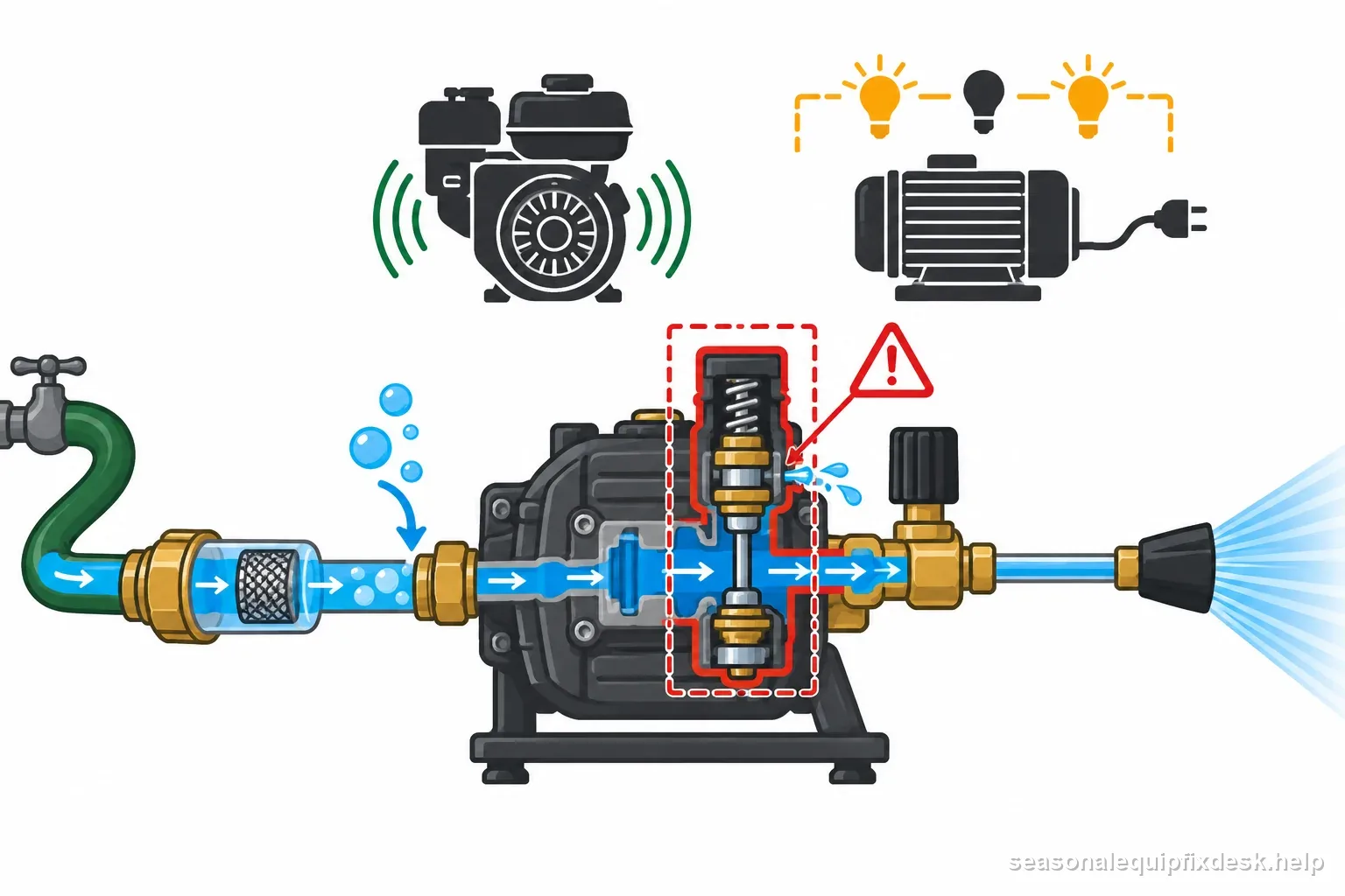 Pressure washer water path from inlet hose and filter through pump and unloader to nozzle