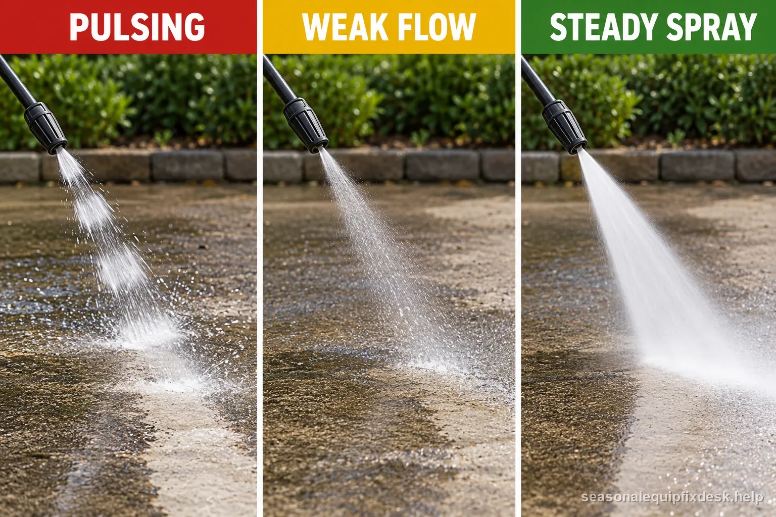 Three-panel comparison distinguishes a pulsing spray, weak flow, and steady spray with the wand directed at the ground.