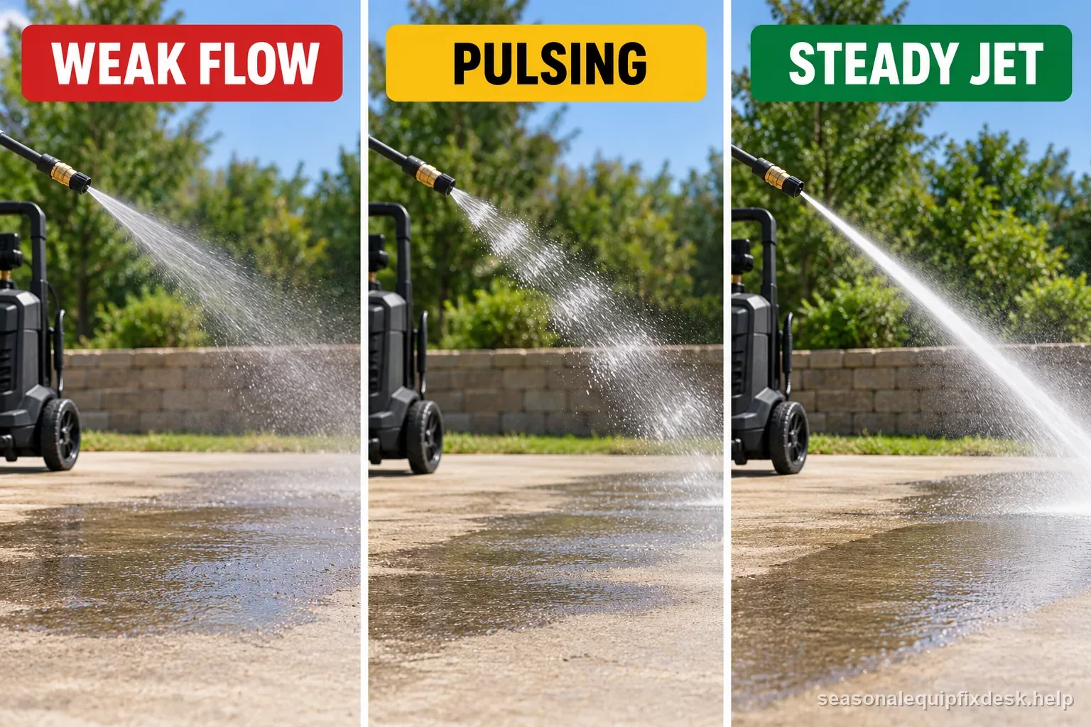 Three unbranded pressure-washer panels compare weak flow, pulsing spray, and a steady jet so the observed pattern guides the next safe check.