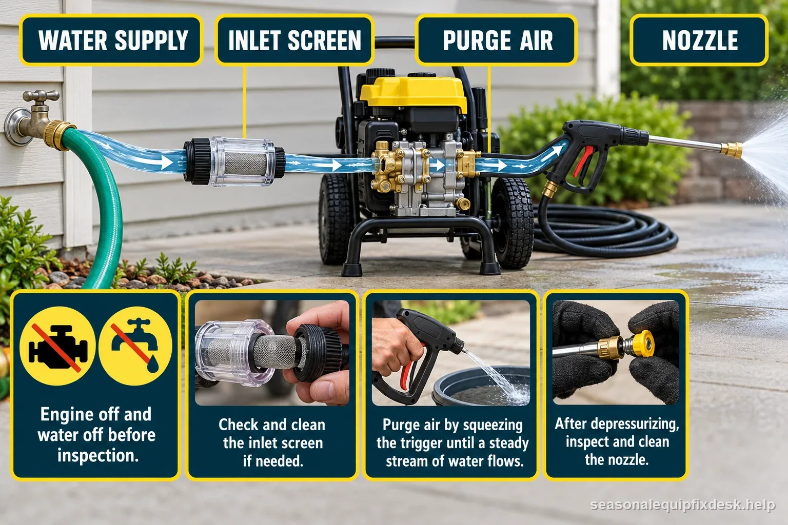 Labeled pressure washer flow path shows water supply, inlet screen, air purging, and nozzle checks with shutdown safety steps.