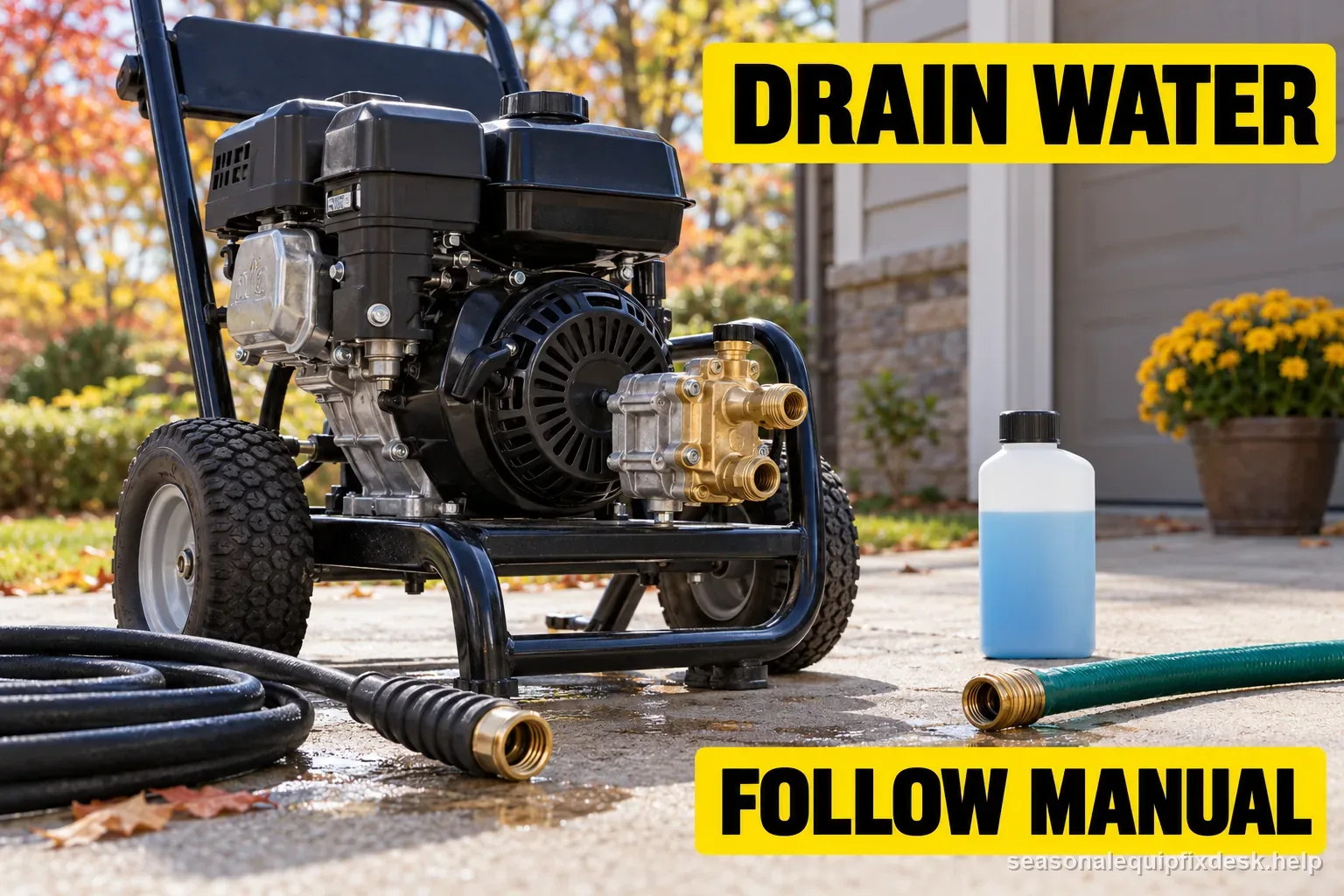 Pressure washer winter storage sequence: release pressure, drain accessories, use approved pump protection, store frost-free