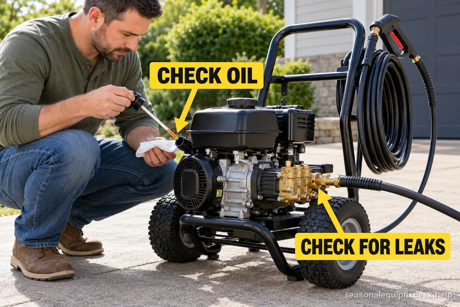 Spring pressure washer check follows water source, pump, hose, and spray gun before a brief powered test