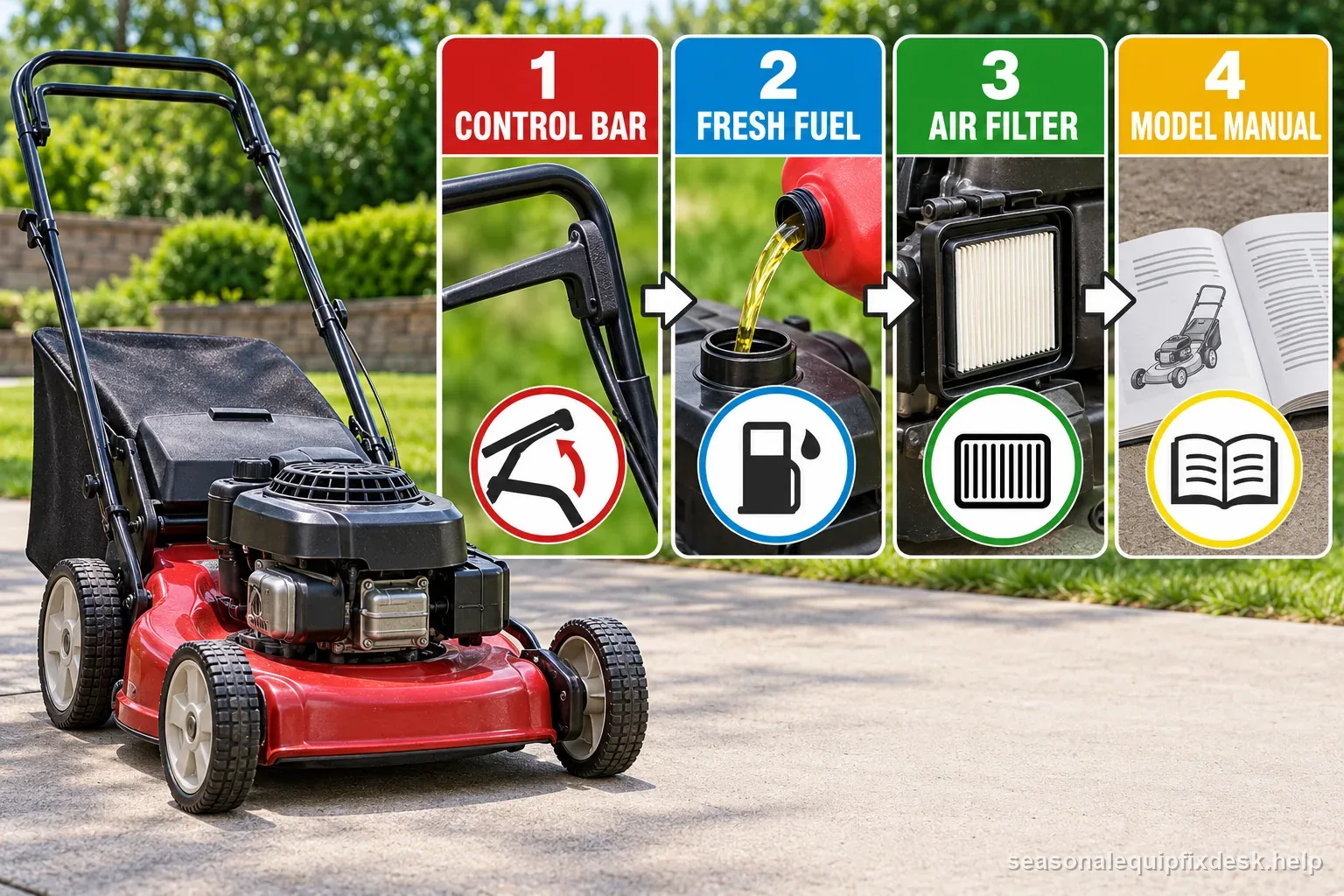 Labeled push mower no-start flow checks the control bar, fresh fuel, air filter, and model manual before any deeper repair.