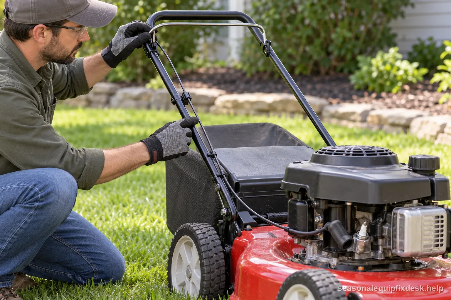 Technician checking the external operator-presence bail and control cable on a stopped walk-behind mower