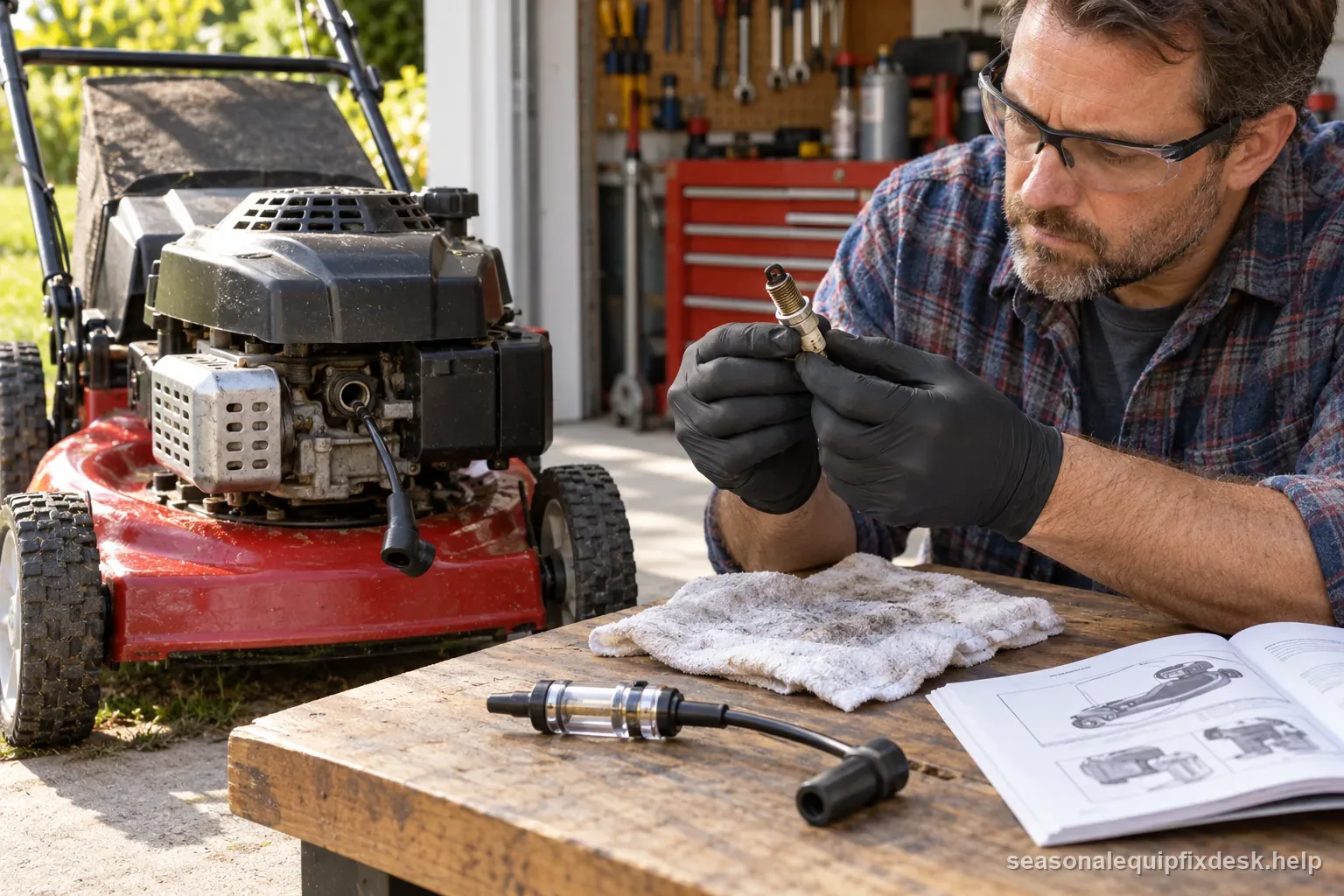 Technician examining a removed spark plug beside an approved spark tester and mower manual
