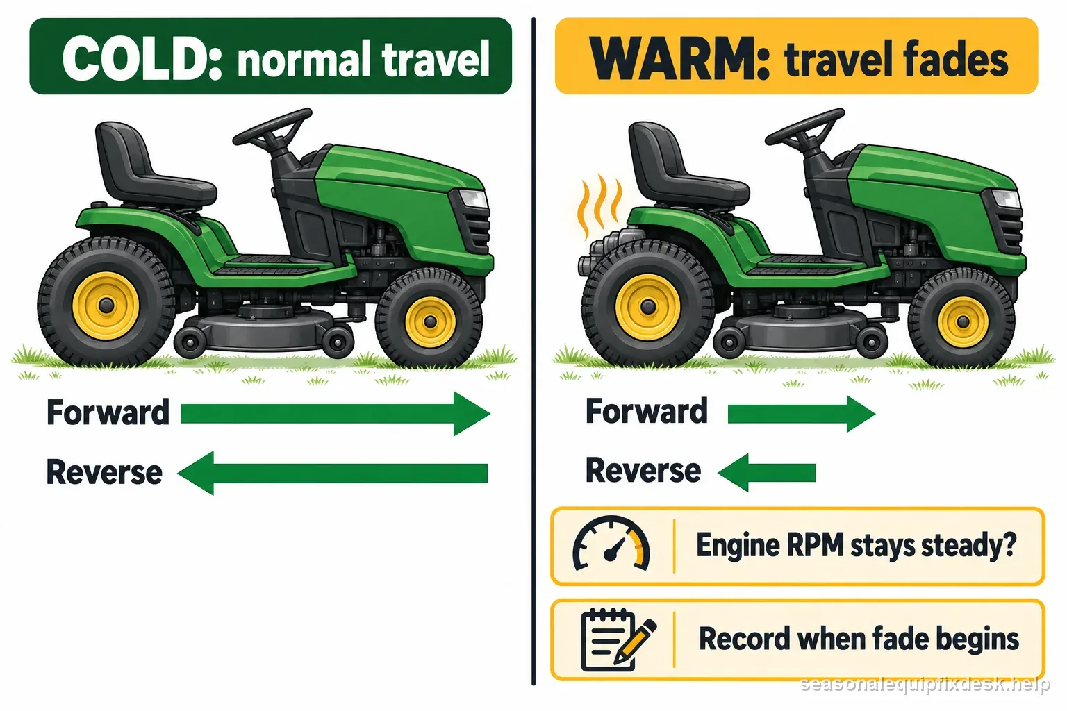 Labeled comparison of a riding mower hydrostatic drive working cold then losing forward and reverse travel when warm, with an engine speed clue