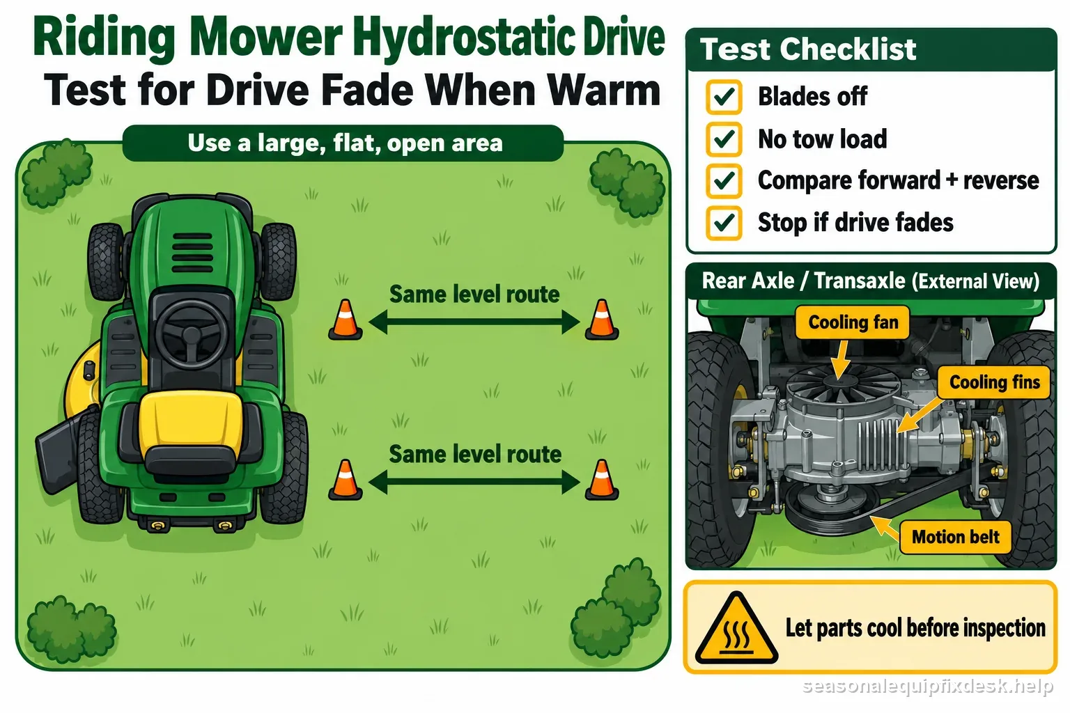 Labeled level-ground riding mower warm test checklist with blades off and external transaxle cooling fan, fins, and belt checks