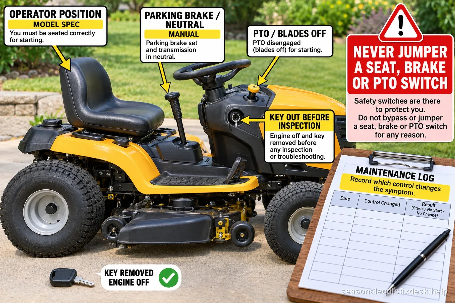 Riding mower start interlock safety diagram showing model-specific operator position, brake or neutral, PTO off, key removal, and warning never to jumper switches