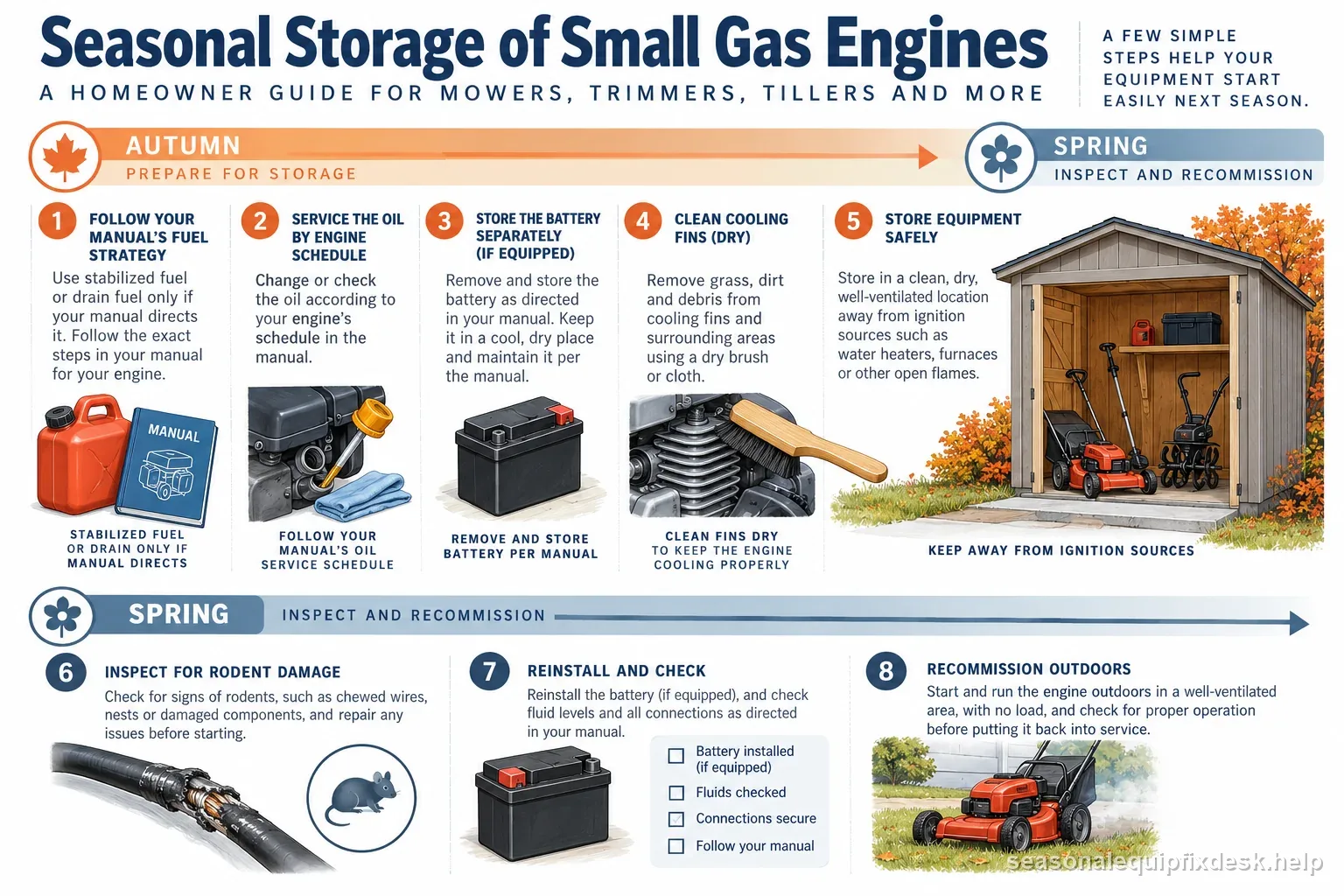 A seasonal small-engine storage timeline covering manual-directed fuel strategy, oil schedule, battery storage, dry cooling fins, ignition-safe storage, spring tagging, rodent inspection, and outdoor unloaded recommissioning.