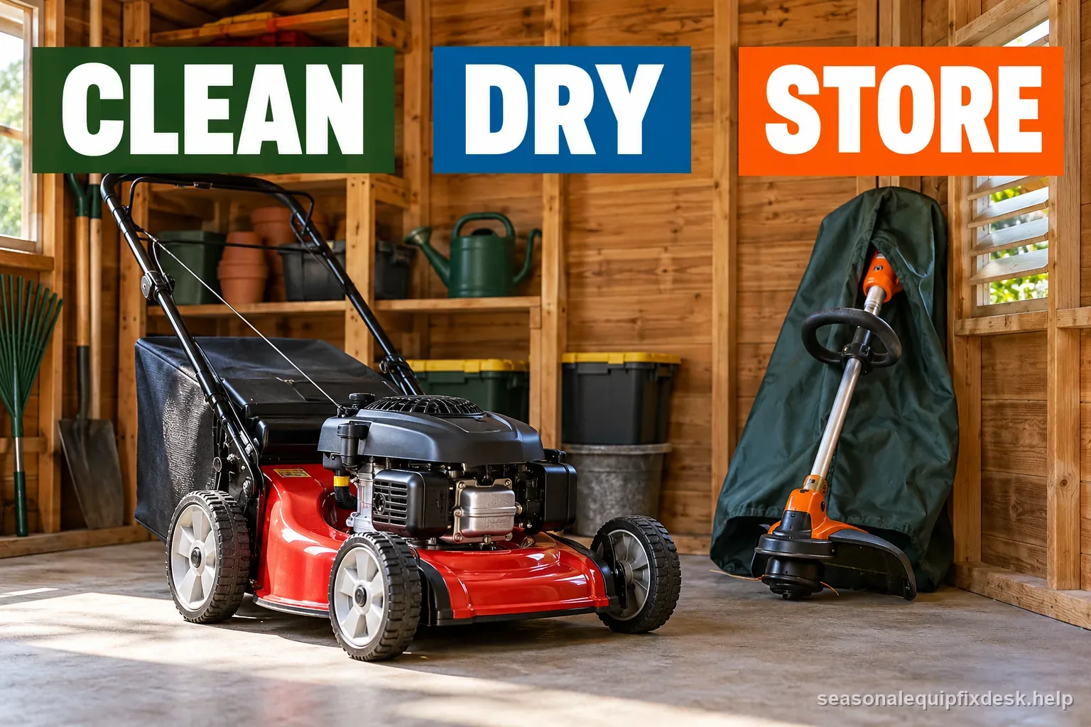 Seasonal equipment checklist shows cleaning, wear inspection, maintenance, and dry secure storage