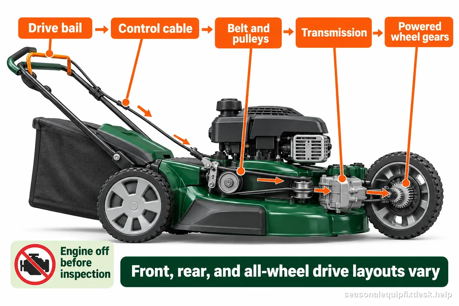 Labeled walk-behind self-propelled mower drive path from handle bail through cable, belt and pulleys, transmission and powered wheel gears