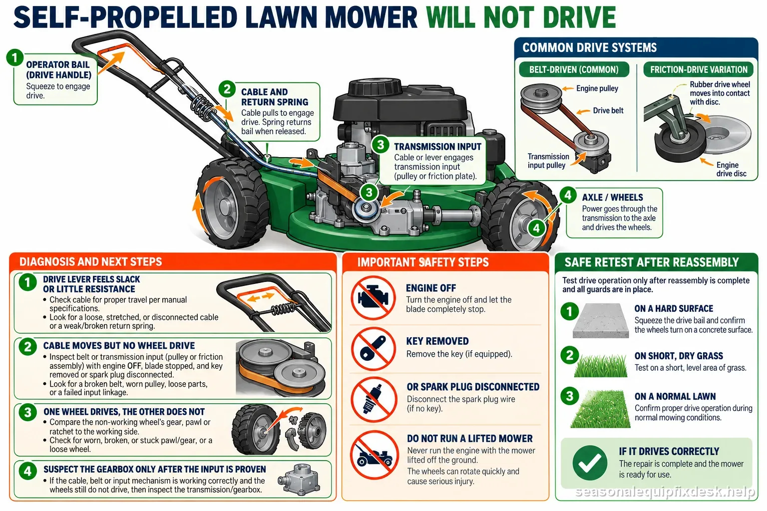 A self-propelled mower drive path from operator bail and cable through transmission input to axle and wheels with engine-off inspection steps