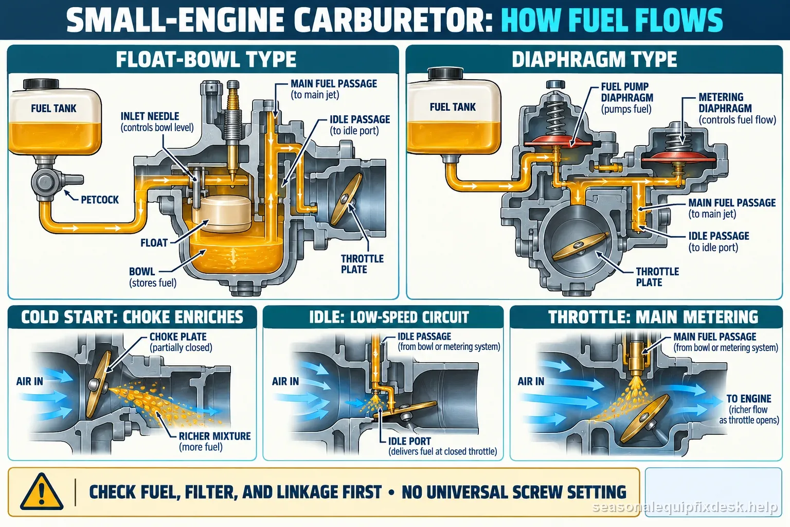 A labeled comparison of float-bowl and diaphragm carburetors showing fuel paths, idle and main metering, choke enrichment, and model-specific adjustment limits