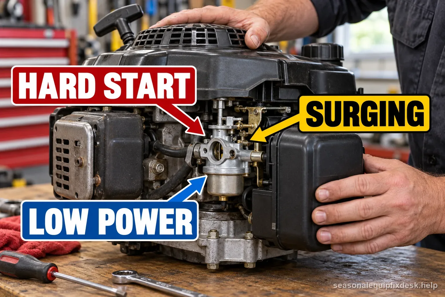 Carburetor symptom map links cold start, idle, load, and fuel leak clues to diagnostic branches