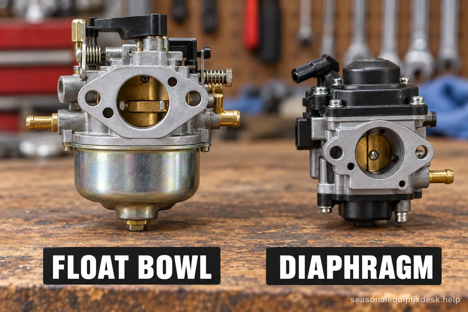 Conceptual carburetor comparison shows float bowl and inlet needle beside a pulse-operated diaphragm system