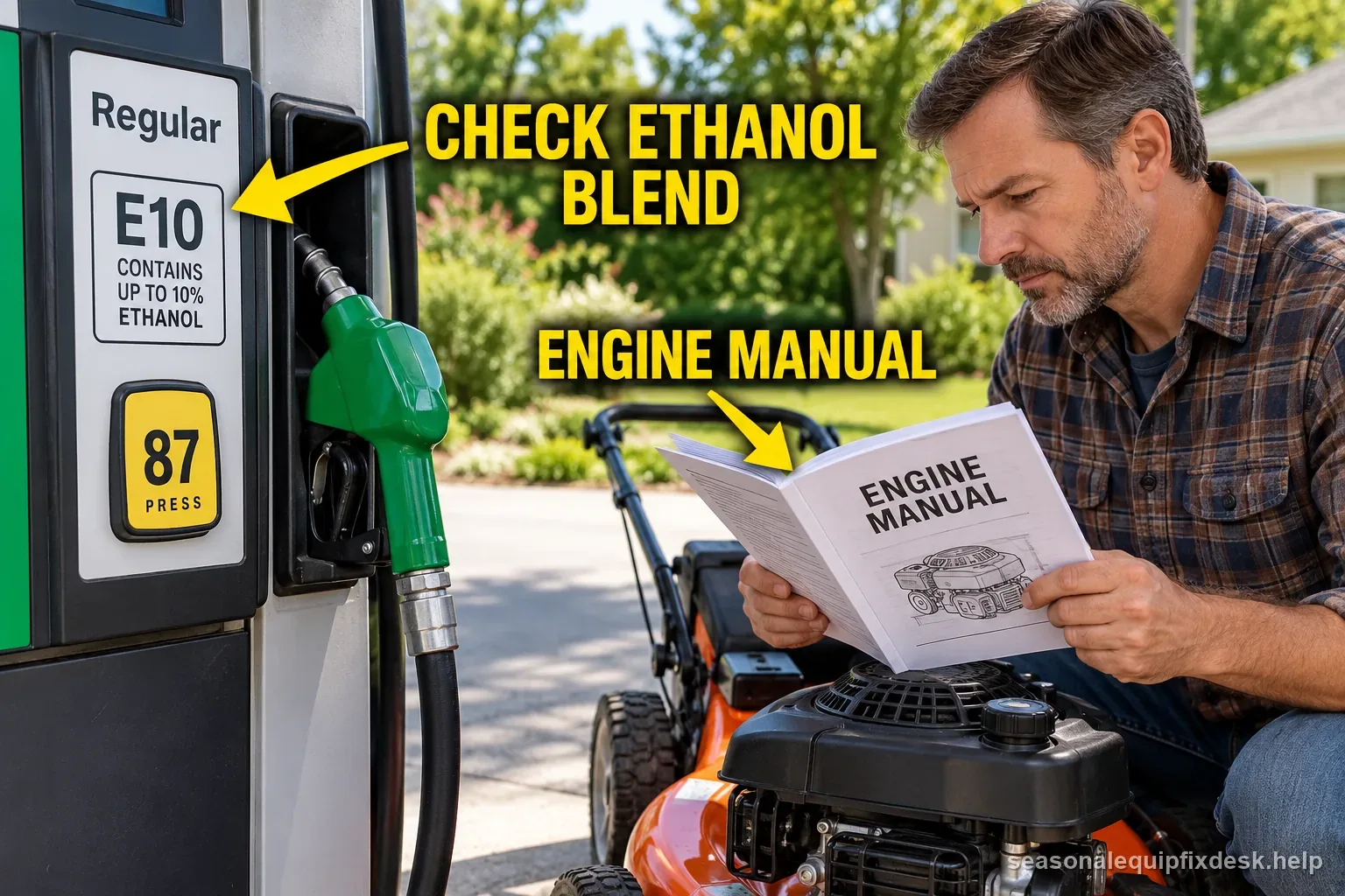 Fuel blend graphic distinguishes E10 from E15 and notes the equipment manual controls approval