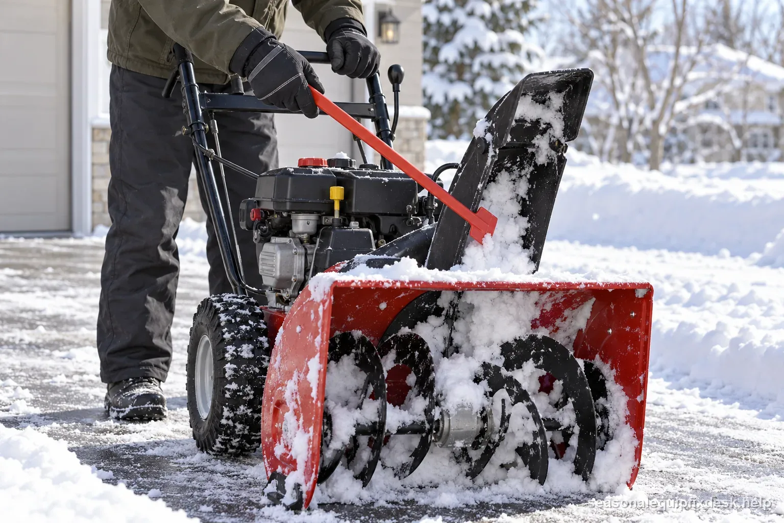 Technician using a clean-out tool on a switched-off snow blower while standing behind its handles