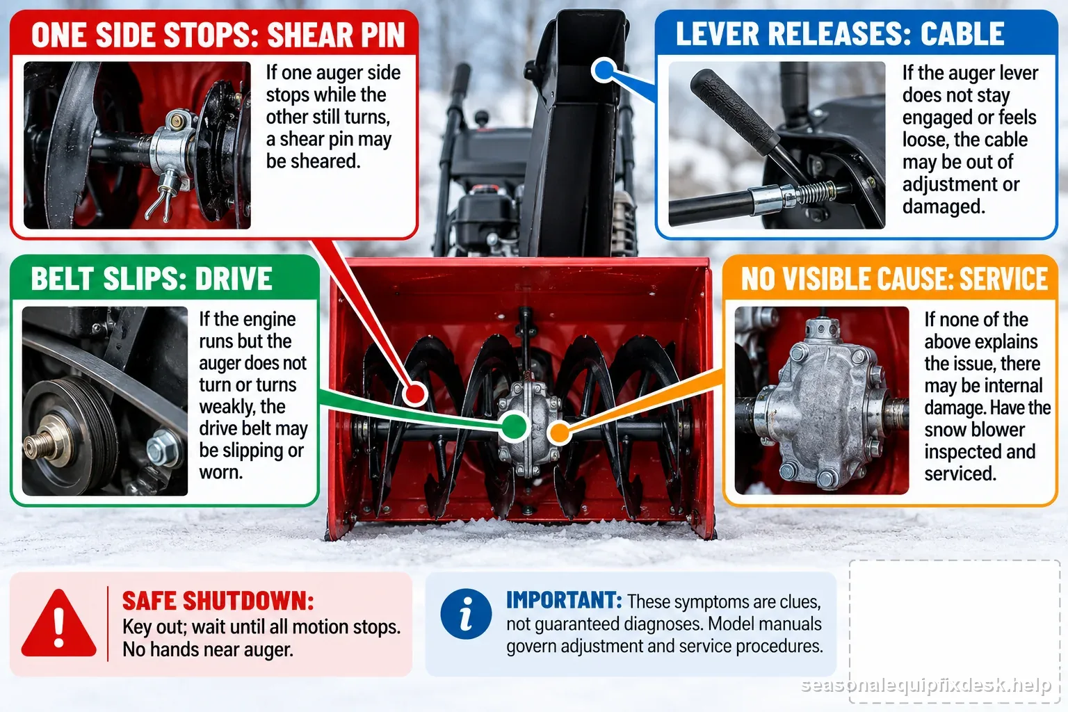 A snow blower auger diagram links a stopped section to a shear pin, lever release to cable, belt slip to drive, and unresolved faults to service.