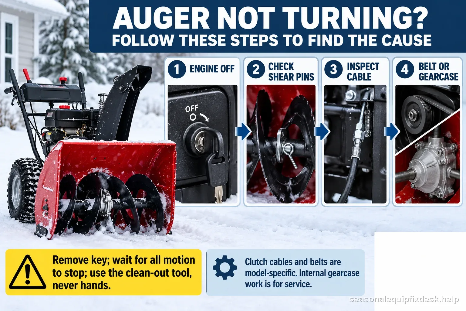 Labeled snow blower auger checks show engine off, shear pins, clutch cable, and belt or gearcase, with a clean-out tool and no-hands safety note.