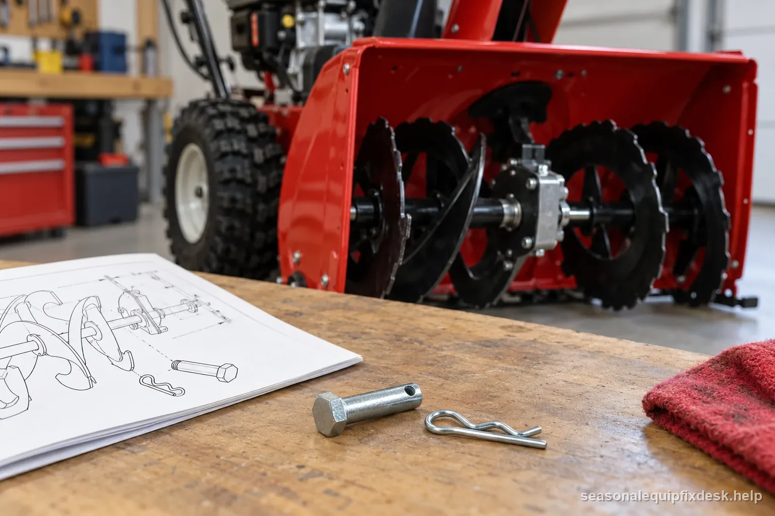 Snow blower shear pin and retaining clip shown beside a parts diagram with the machine safely parked in the background