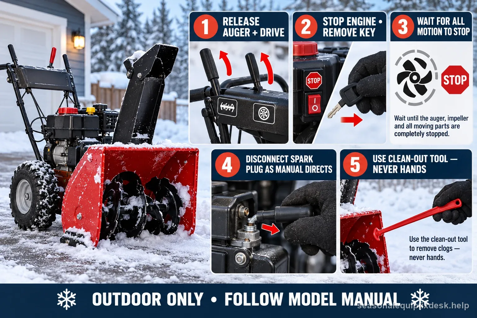 Labeled five-step snow blower chute cleanout sequence showing controls released, key removed, motion stopped, plug lead disconnected as directed, and clean-out tool use