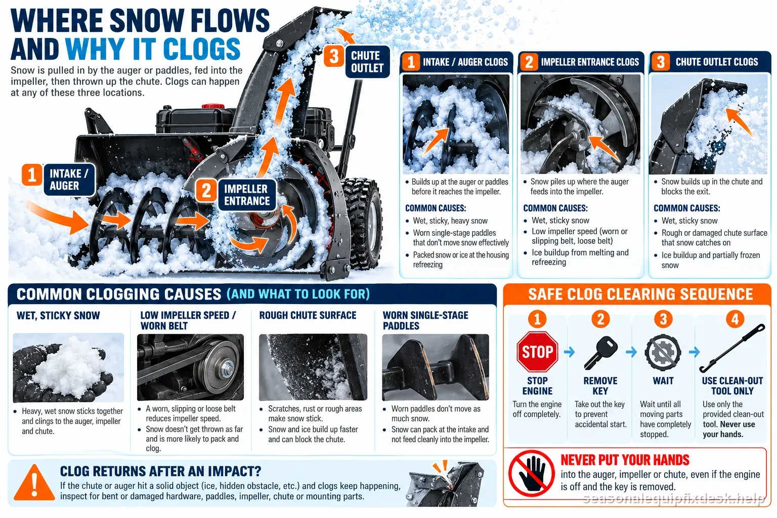 A snow blower snow-flow map showing intake, impeller, and chute clog locations plus the engine-off key-removed clean-out sequence