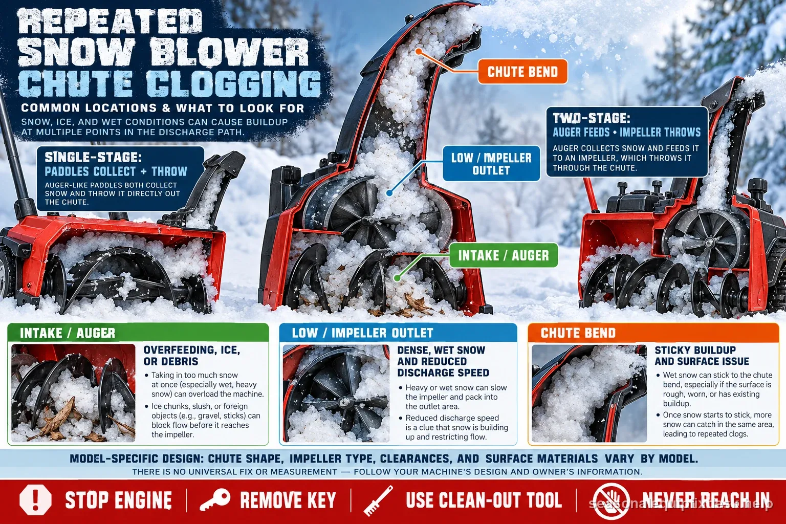 Diagram of recurring snow blower clog locations at the intake, impeller outlet, or chute bend, comparing single-stage and two-stage snow flow