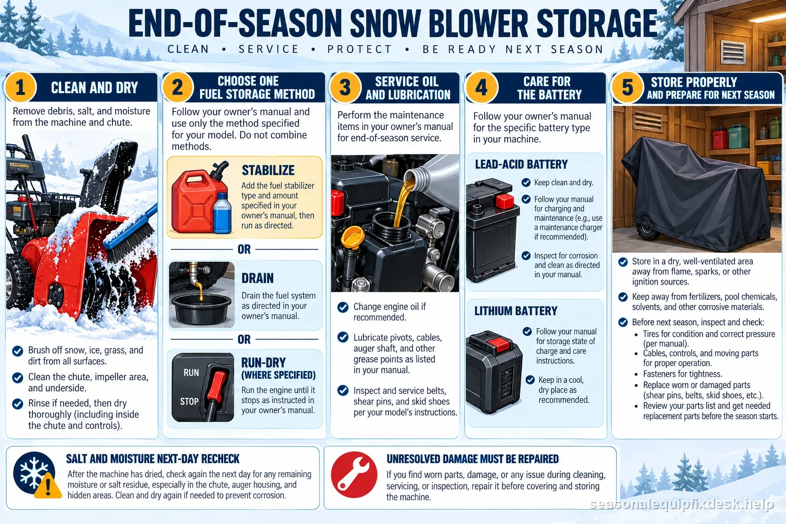 A snow blower off-season storage checklist for cleaning, one manual-approved fuel method, oil, battery-specific care, safe storage, and preseason inspection