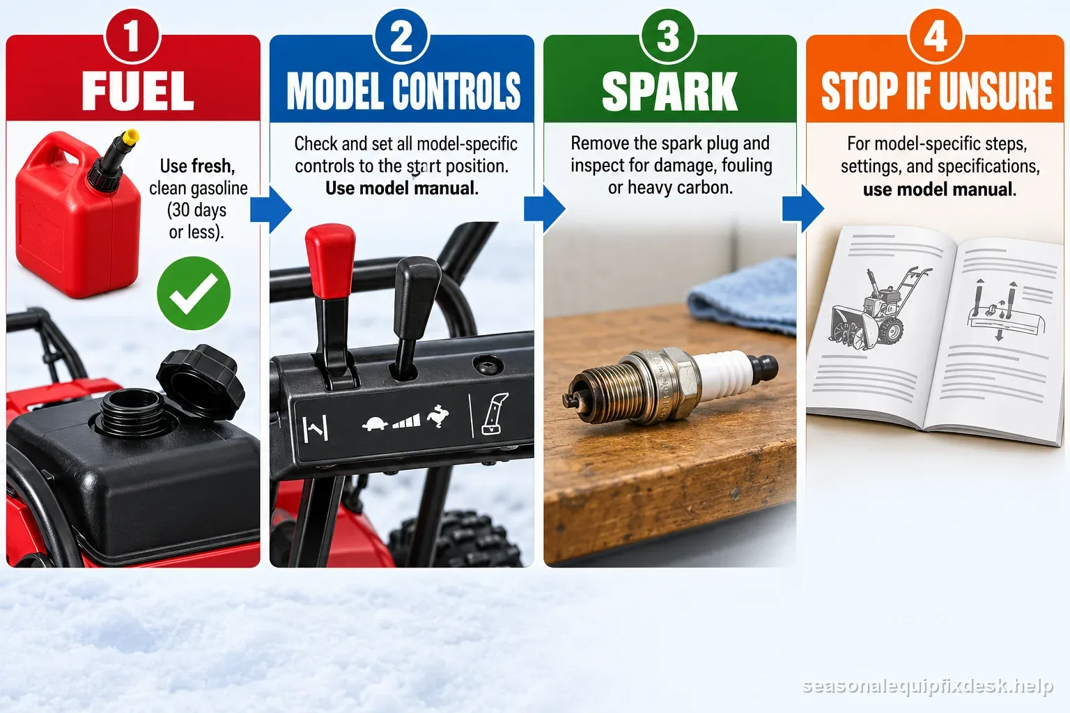 Four labeled snow blower no-start checks cover fuel condition, control settings, plug condition, and model manual limits.