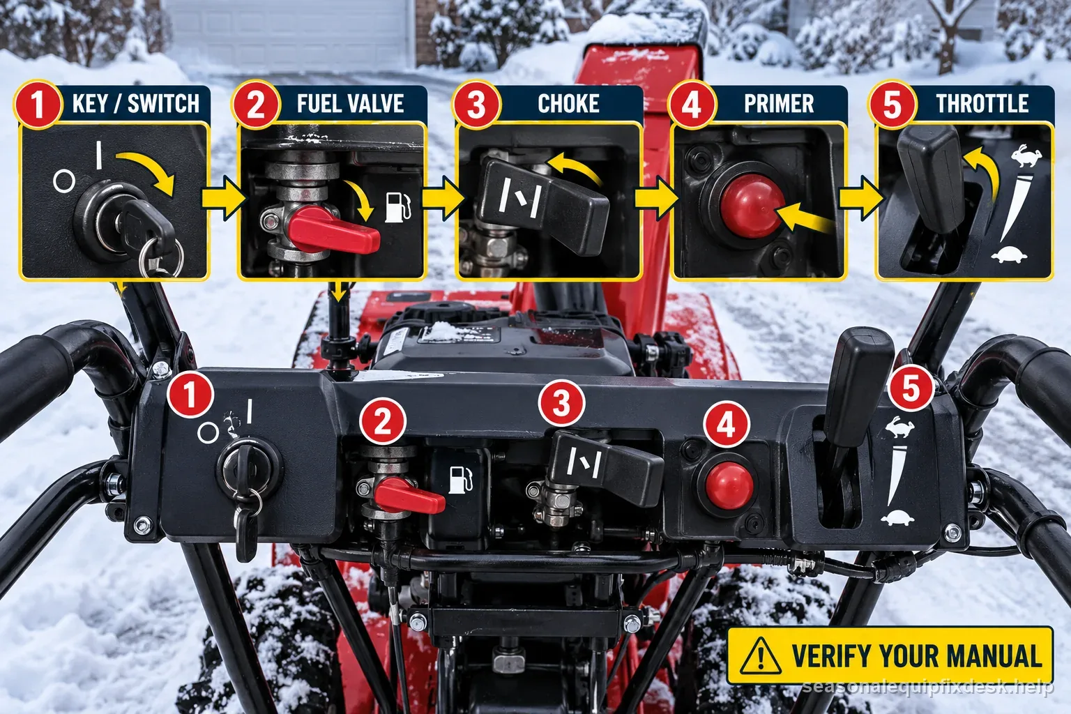 Numbered snow blower key, fuel valve, choke, primer, and throttle; confirm settings in the manual.