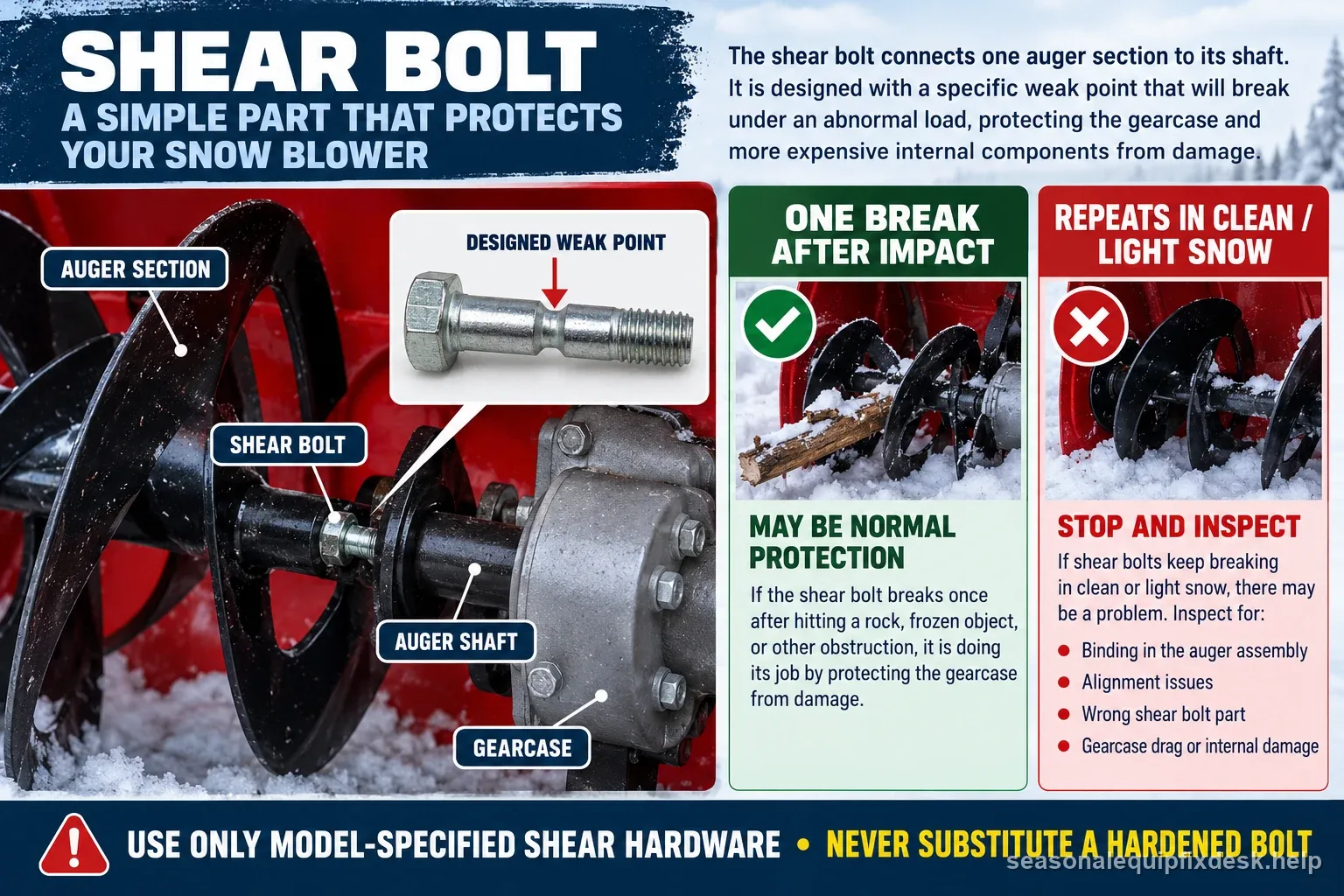 Labeled diagram showing the shear bolt weak point protecting a snow blower gearcase and the difference between one impact break and repeat failures in clean light snow
