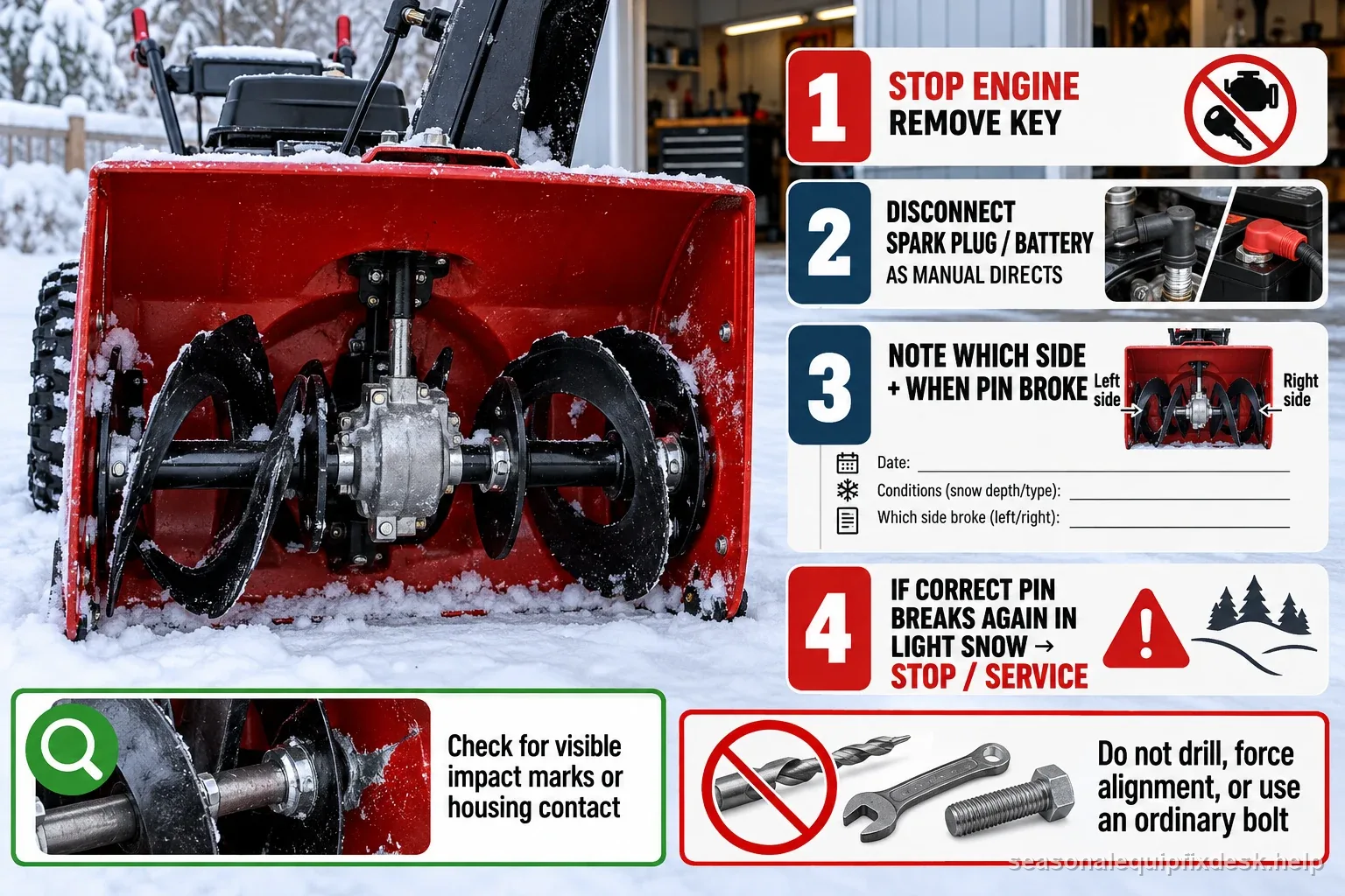 Snow blower shear pin safety checklist showing engine off, key removed, spark plug or battery disconnected as directed, break side recorded, and repeat light-snow failure as a stop-service signal