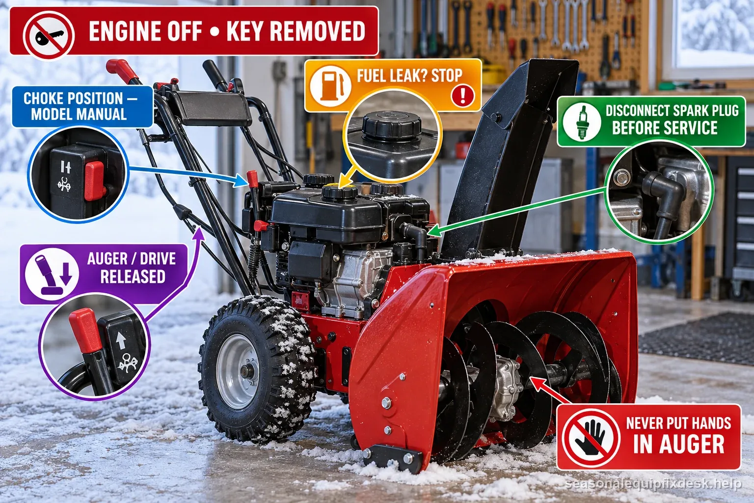 Snow blower external safety map showing engine off and key removed, choke per manual, auger released, and spark plug disconnection before service