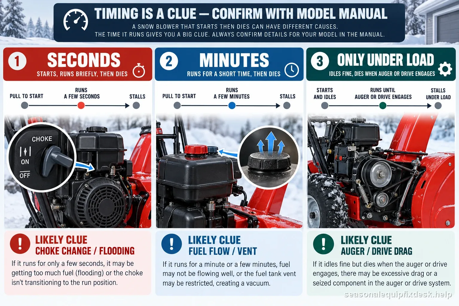 Snow blower start-and-stall symptom timeline comparing seconds, several minutes, and a stall only when the auger or drive engages