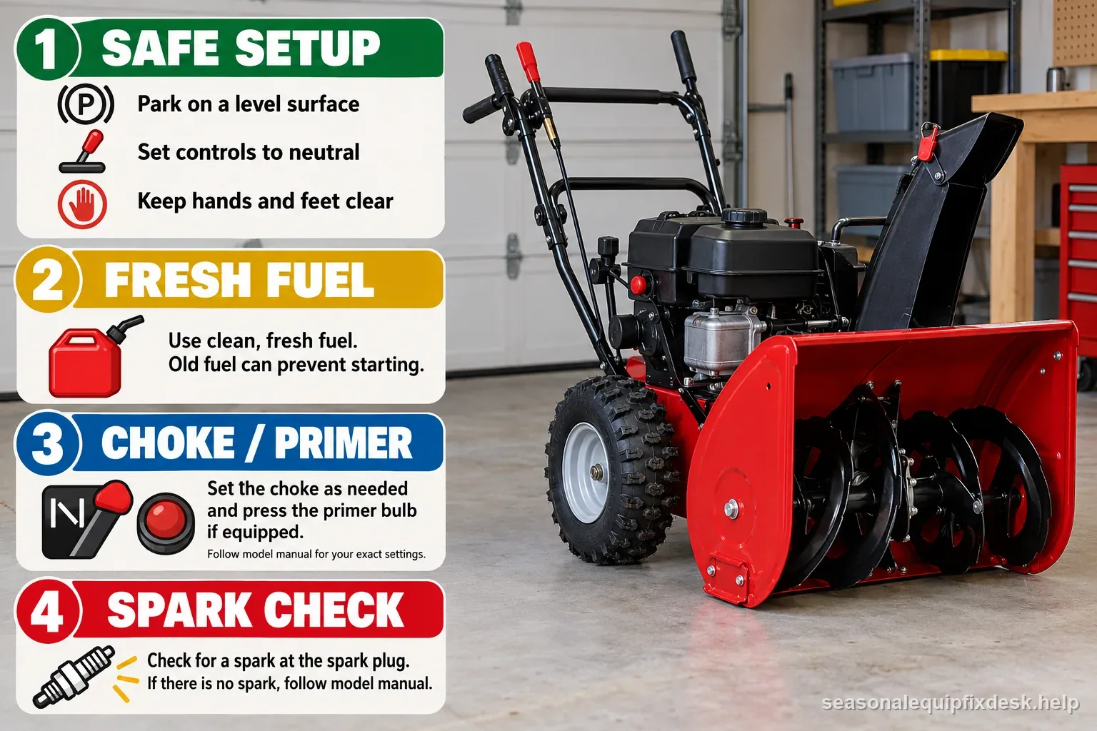 A snow blower checklist labels safe setup, fresh fuel, model-specific choke or primer controls, and spark checks.