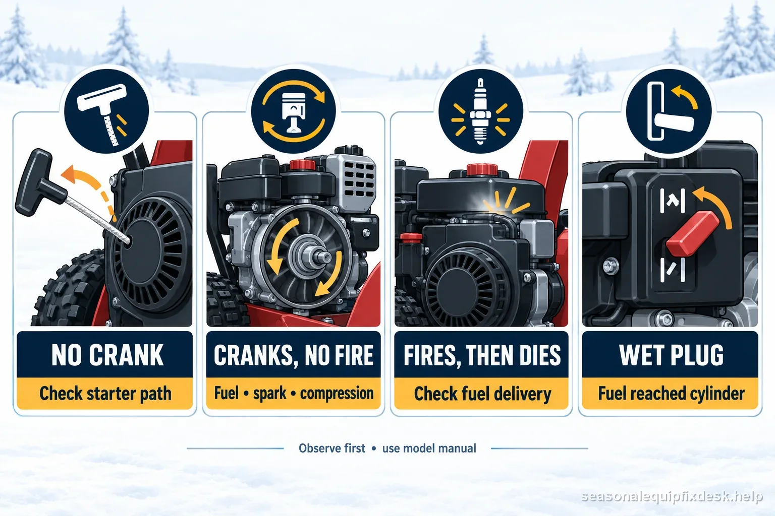 Snow blower no-start diagnostic graphic separating no crank, cranks without firing, fires then dies, and wet-plug clues