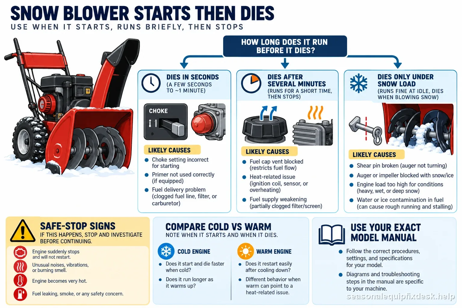 A snow blower stall timing chart comparing dies in seconds, after several minutes, or only under snow load with safe next checks