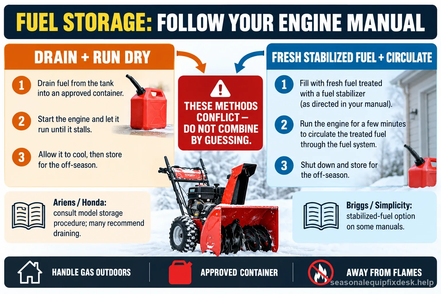 Labeled comparison of snow blower fuel storage by the manual: drain and run dry or use fresh stabilized fuel, with outdoor container and flame safety