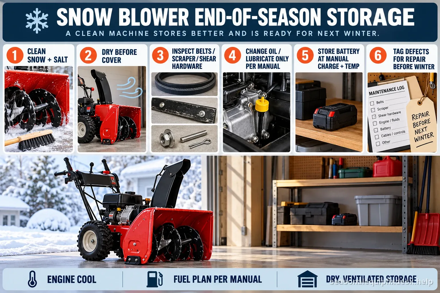 Six-step snow blower end-of-season checklist covering cleaning, drying, wear inspection, manual-directed oil and lubrication, battery storage, and repair notes