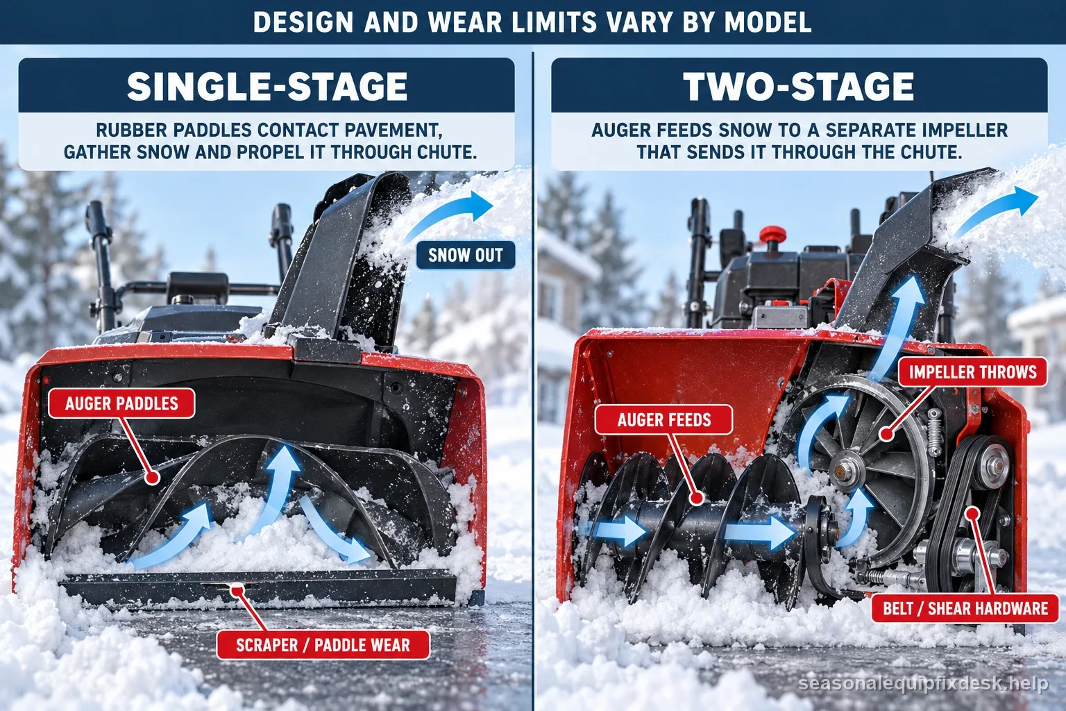 Labeled comparison of single-stage rubber auger paddles and a two-stage auger feeding a separate impeller, with a note that design and wear limits vary by model