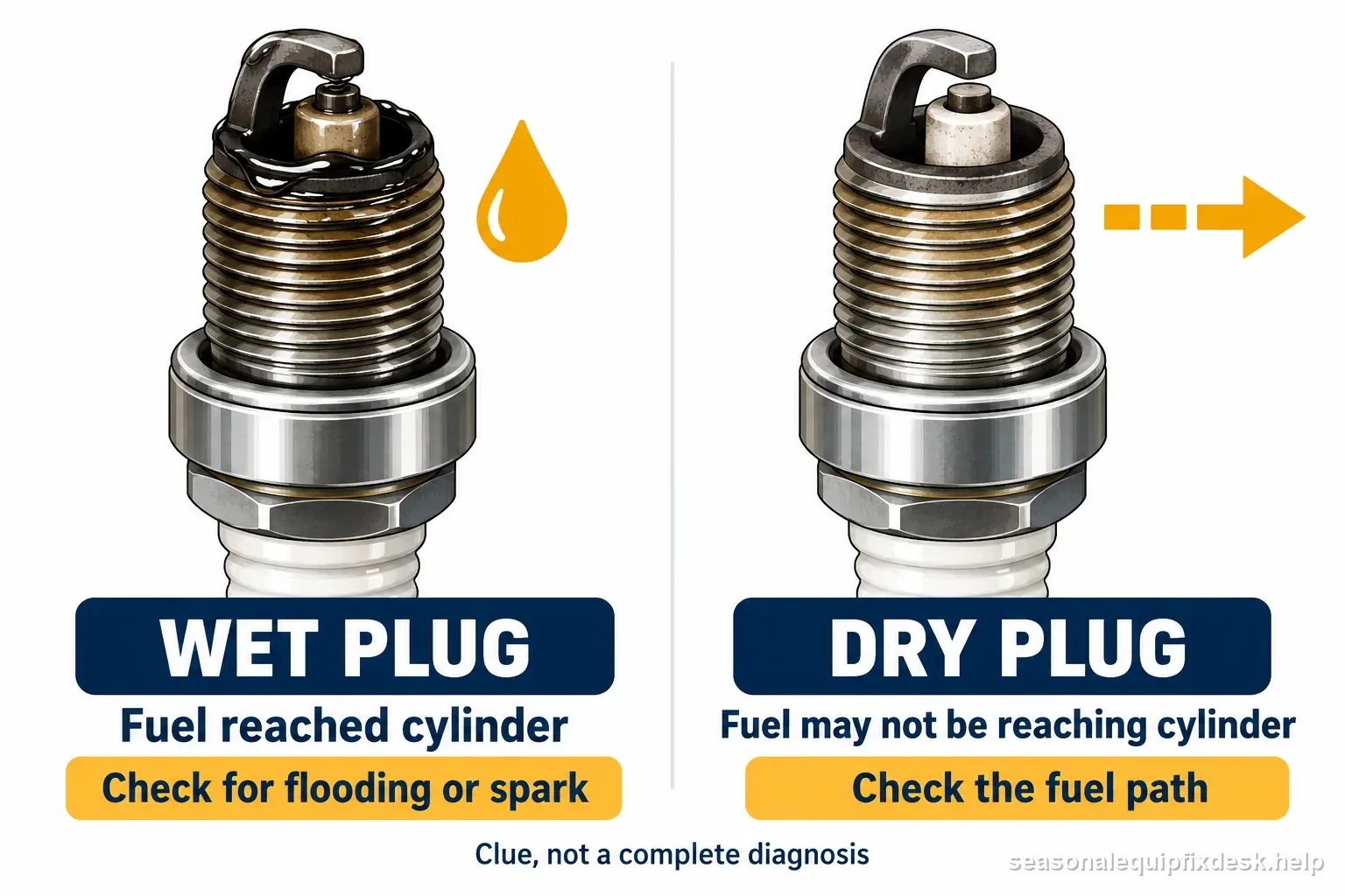 Wet and dry spark plug comparison showing fuel-reached-cylinder versus possible fuel-path clues