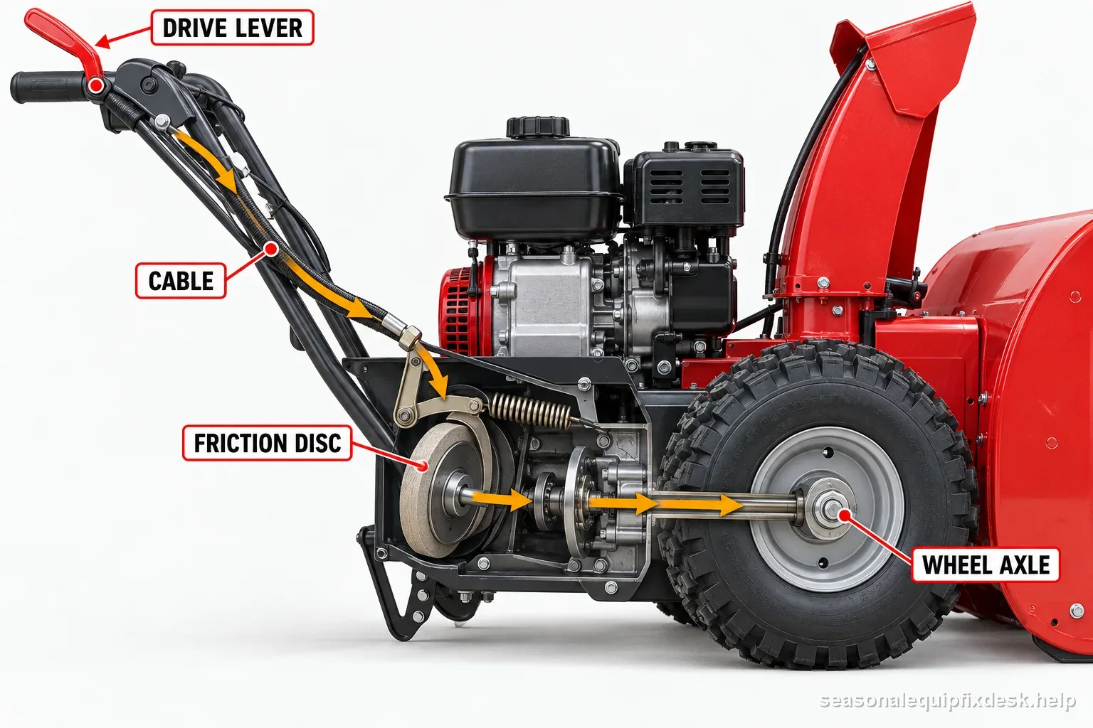 Labeled snow blower cutaway follows the drive lever and cable through the friction disc to the wheel axle.