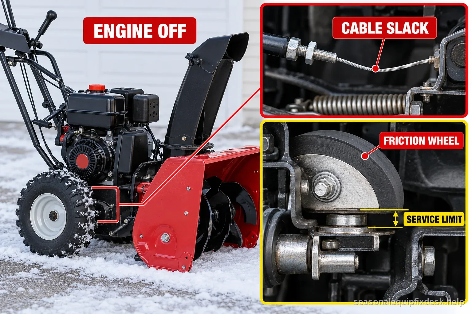 Safety diagram shows the snow blower engine off while checking cable slack and the friction-wheel service boundary.