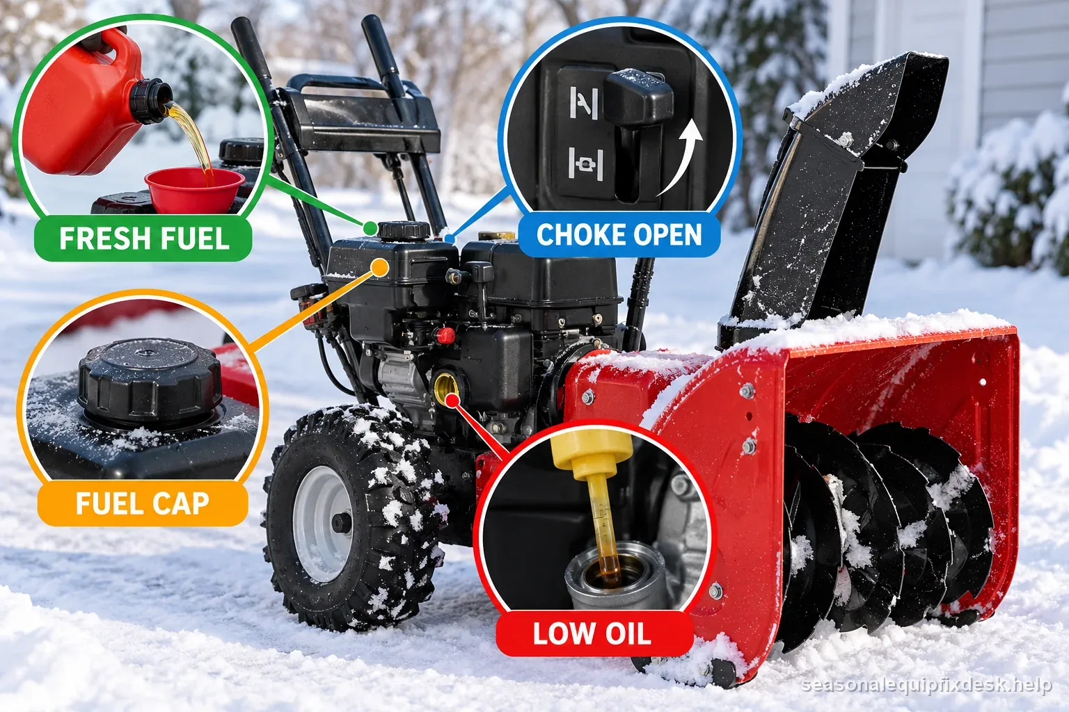 Cold snow blower diagram labels fresh fuel, choke position, fuel cap, and low oil as external checks.